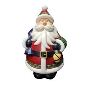 Decorative Jolly Round Santa Figurine Holding a Christmas Toy Sack & Lantern